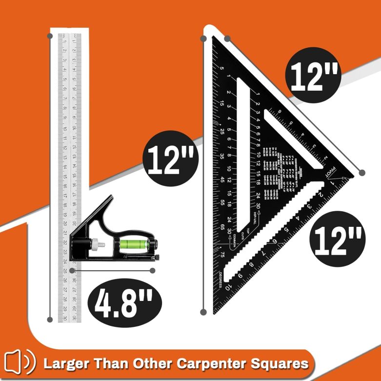 12" Advanced Rafter Square and Combination Square Set, 12 Inch Imperial Carpenter Square Woodworking Framing Square, Triangle Protractor Layout Ruler Tool - Image 2