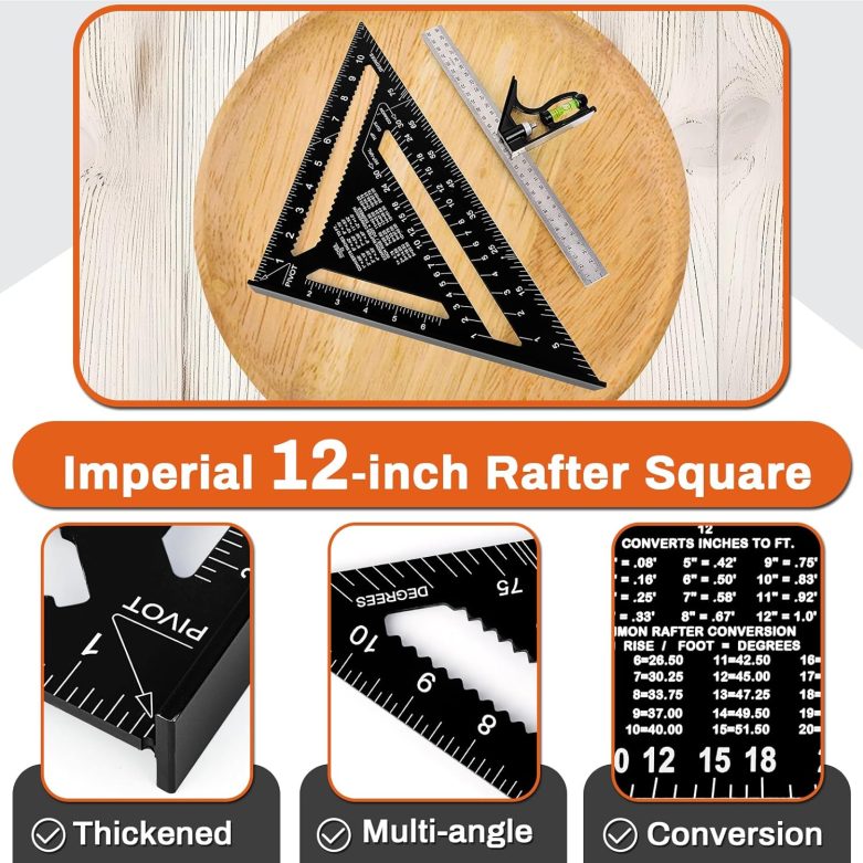 12" Advanced Rafter Square and Combination Square Set, 12 Inch Imperial Carpenter Square Woodworking Framing Square, Triangle Protractor Layout Ruler Tool - Image 3