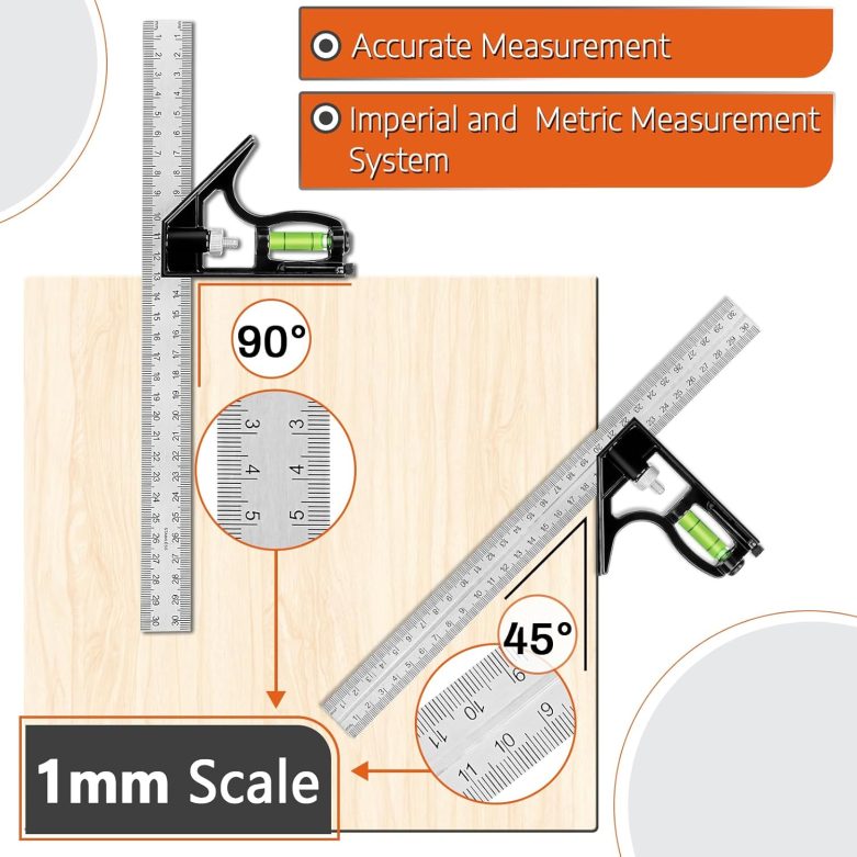 12" Advanced Rafter Square and Combination Square Set, 12 Inch Imperial Carpenter Square Woodworking Framing Square, Triangle Protractor Layout Ruler Tool - Image 4
