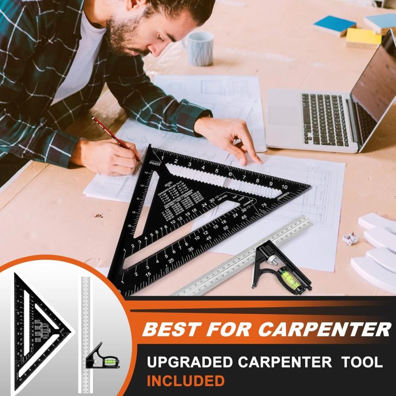 12" Advanced Rafter Square and Combination Square Set, 12 Inch Imperial Carpenter Square Woodworking Framing Square, Triangle Protractor Layout Ruler Tool - Image 6