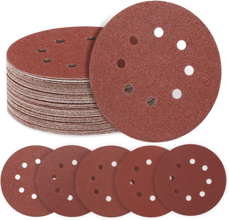 50 PCS 5 Inch 8 Hole Sanding Discs, 60 80 120 240 320 Assorted Grits Hook and Loop Round Sandpaper Pads for Random Orbital Sander
