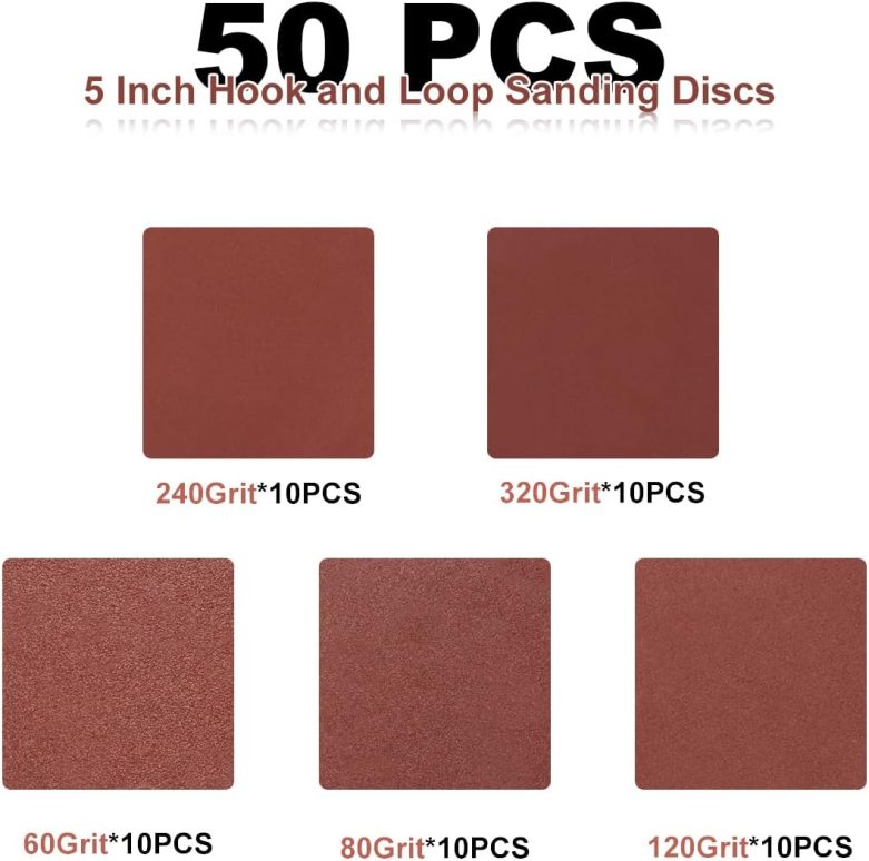 50 PCS 5 Inch 8 Hole Sanding Discs, 60 80 120 240 320 Assorted Grits Hook and Loop Round Sandpaper Pads for Random Orbital Sander - Image 2