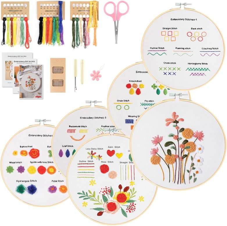 6 Sets Embroidery Kit for Beginners to Learn 28 Basic Embroidery Cross Stitch Practice Kit,DIY Hand Embroidery Kits Includes Stamped Flower Pattern, Hoop, Color Threads,Tools