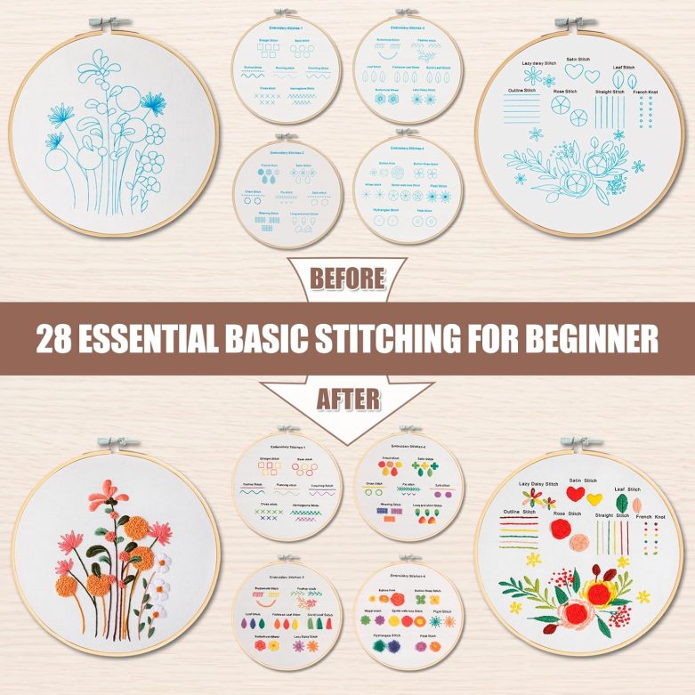 6 Sets Embroidery Kit for Beginners to Learn 28 Basic Embroidery Cross Stitch Practice Kit,DIY Hand Embroidery Kits Includes Stamped Flower Pattern, Hoop, Color Threads,Tools - Image 2