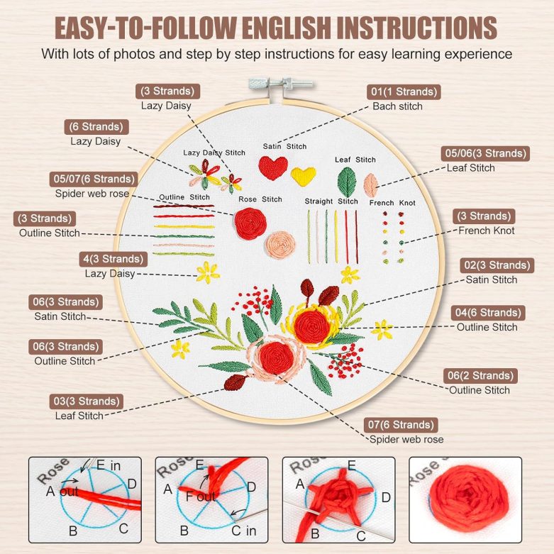 6 Sets Embroidery Kit for Beginners to Learn 28 Basic Embroidery Cross Stitch Practice Kit,DIY Hand Embroidery Kits Includes Stamped Flower Pattern, Hoop, Color Threads,Tools - Image 3
