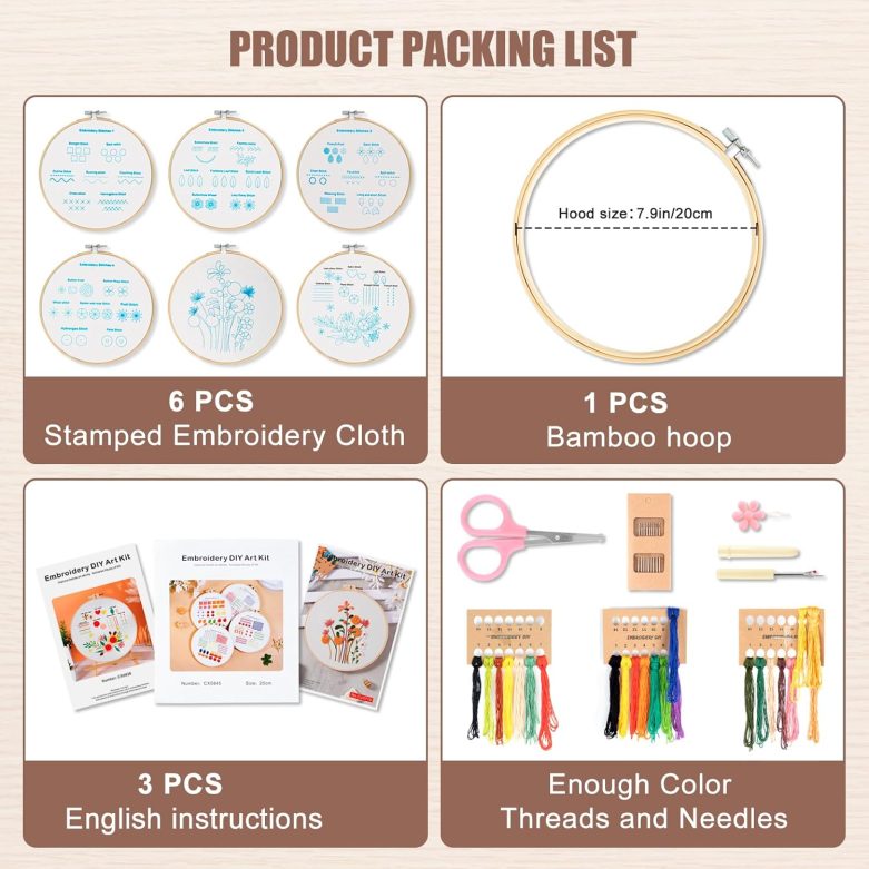 6 Sets Embroidery Kit for Beginners to Learn 28 Basic Embroidery Cross Stitch Practice Kit,DIY Hand Embroidery Kits Includes Stamped Flower Pattern, Hoop, Color Threads,Tools - Image 7