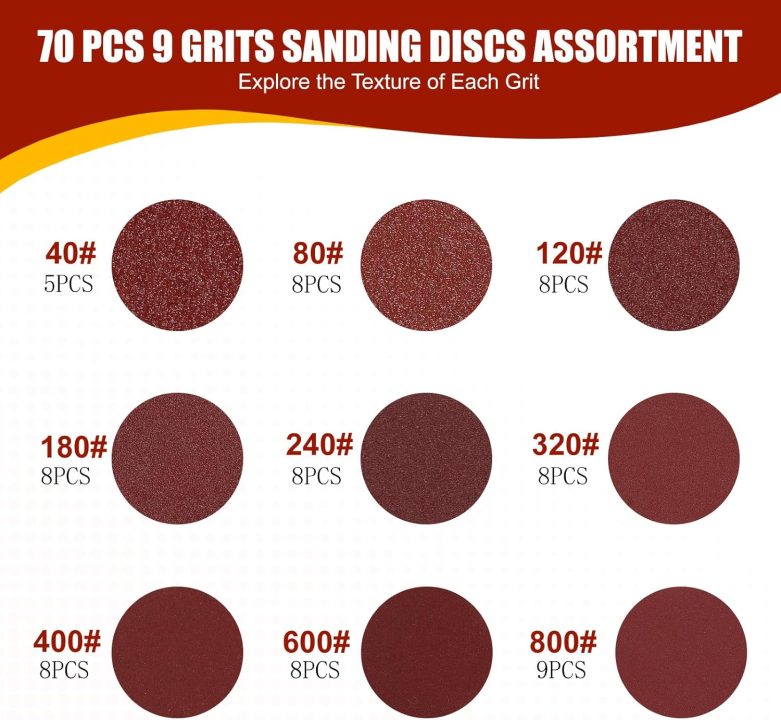 70 PCS 5 Inch Sanding Discs, 40 80 120 180 240 320 400 600 800 Grit Hook and Loop Sandpaper for Random Orbital Sander - Image 2