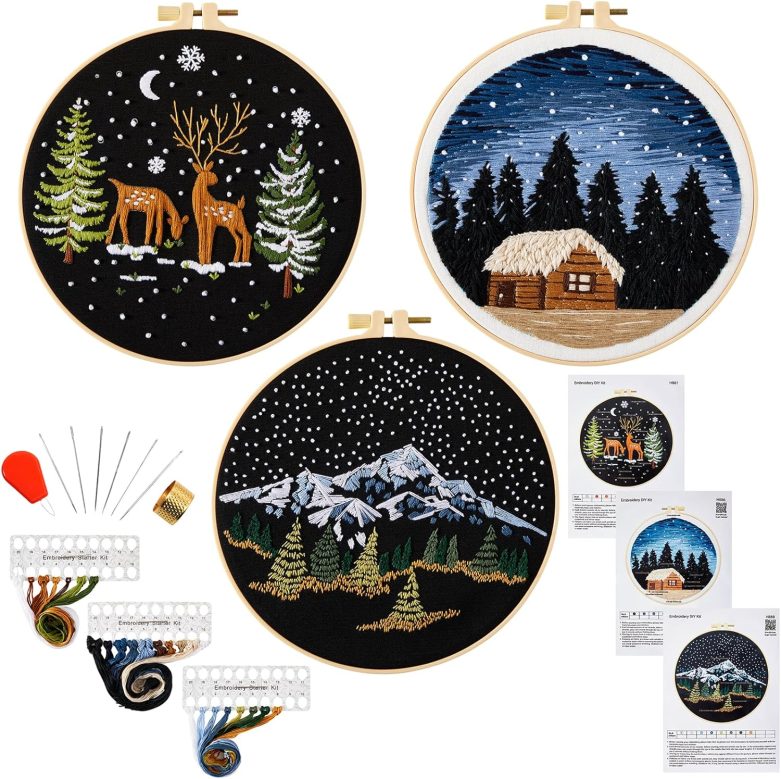 Armindou Embroidery Kit for Beginner Adults, Counted Stamped Cross Stitch kit for Adult Beginner, Hand Embroidery Starter Kits with Pattern, 3 Embroidery Hoop, Fabric (Attached Teaching Video QR Code)