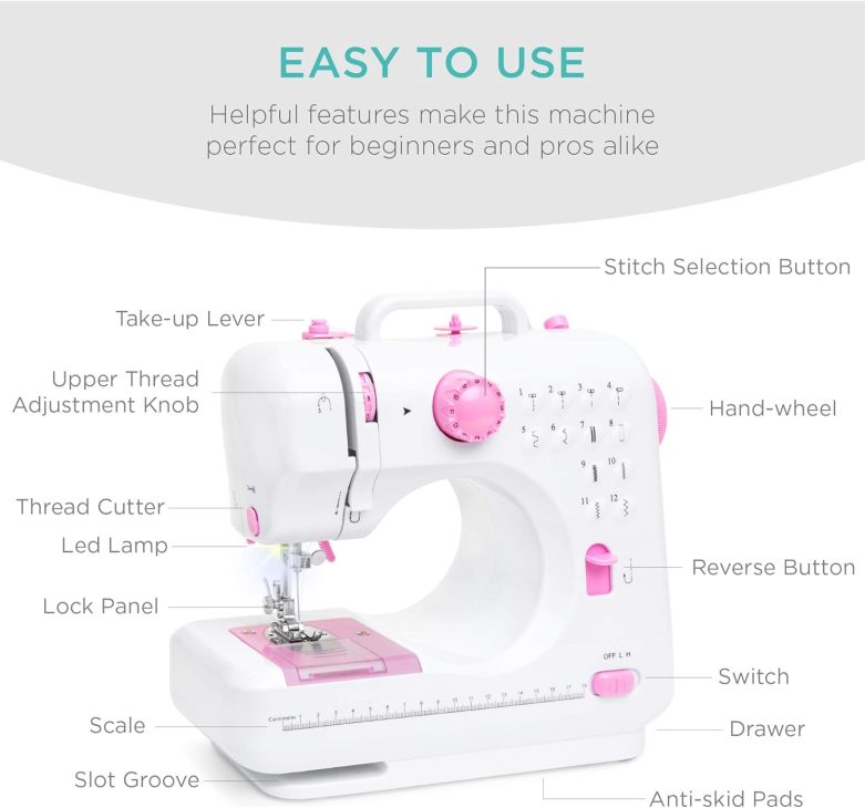 Best Choice Products Compact Sewing Machine, 42-Piece Beginners Kit, Multifunctional Portable 6V Beginner Sewing Machine w/ 12 Stitch Patterns, Light, Foot Pedal, Storage Drawer - Pink/White - Image 4