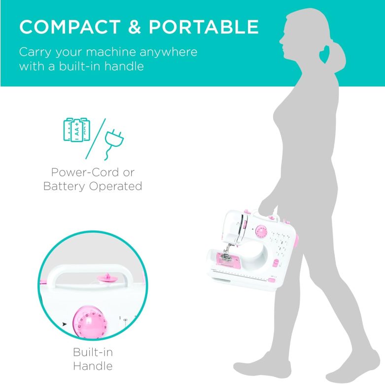 Best Choice Products Compact Sewing Machine, 42-Piece Beginners Kit, Multifunctional Portable 6V Beginner Sewing Machine w/ 12 Stitch Patterns, Light, Foot Pedal, Storage Drawer - Pink/White - Image 5