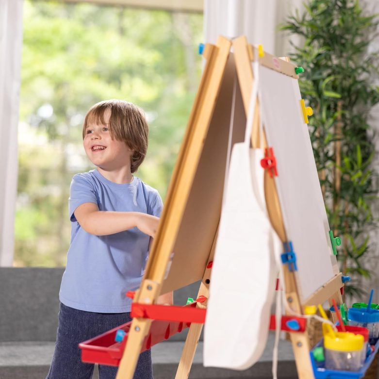 Melissa & Doug Deluxe Standing Art Easel - Dry-Erase Board, Chalkboard, Paper Roller - FSC Certified - Image 9